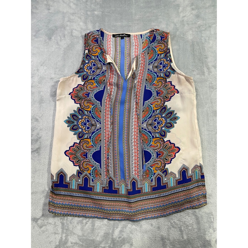 Ava Christine Womens XL Blue Paisley Geometric Border Print Sleeveless Blouse